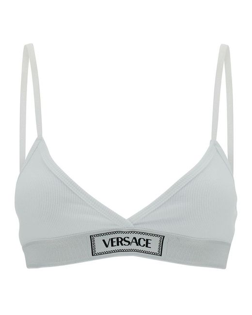 Versace Gray White Sports Bra With Logo Embroidery In Stretch Cotton Woman