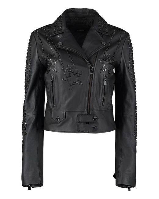 Pinko Black Cristoforo Leather Biker Jacket With Studs