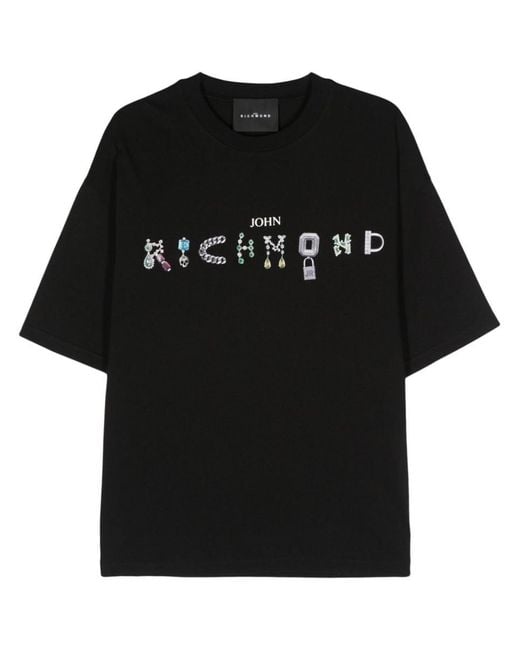 John Richmond Black Cotton T-Shirt Over Hinaki With Logo for men