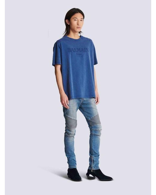 Balmain Blue Cotton Logo T-Shirt for men