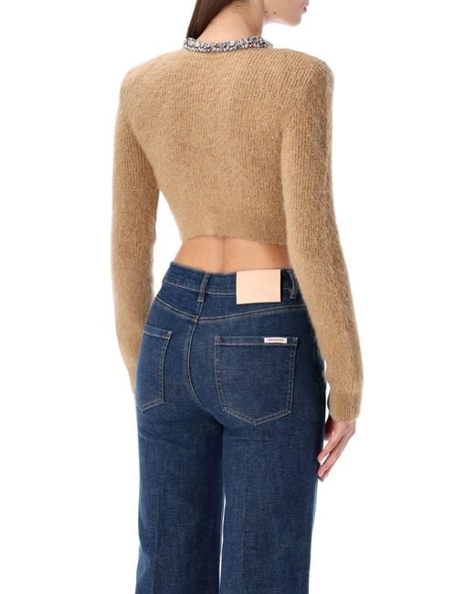Self-Portrait Blue Camel Alpaca Cropped Cardigan With Crystal Trims