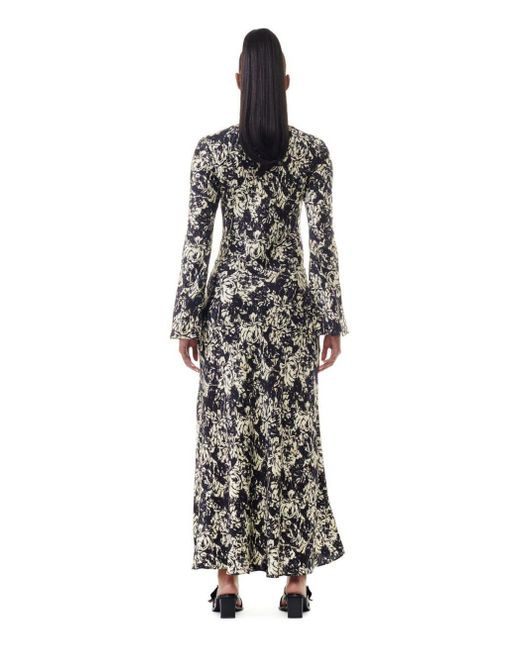 Ganni Black Floral Satin Long Dress
