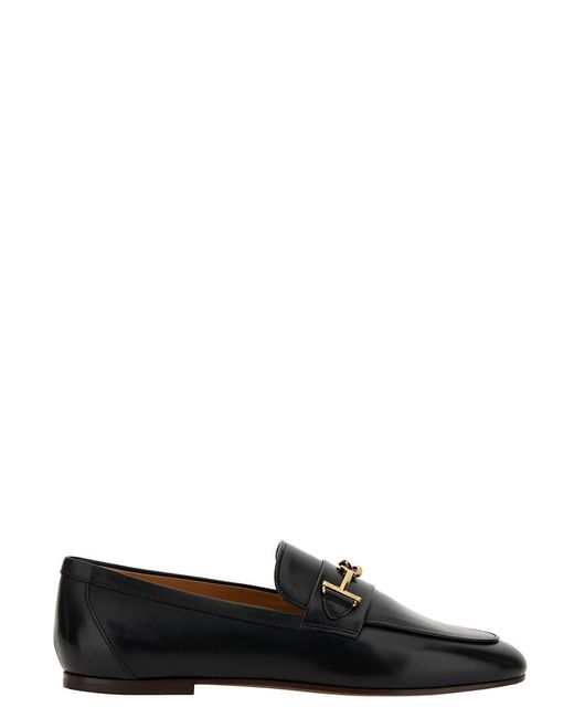 Tod's Black Loafers With Gold-tone Double 't' Detail In Leather Woman