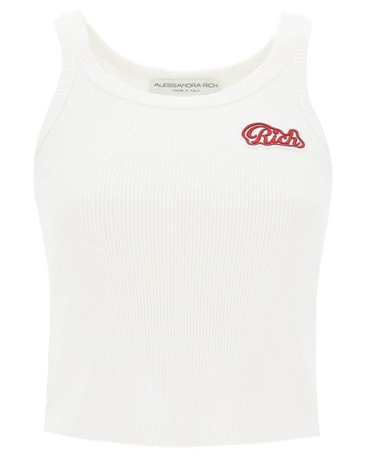 Alessandra Rich White Ribbed Tank Top With Logo Patch