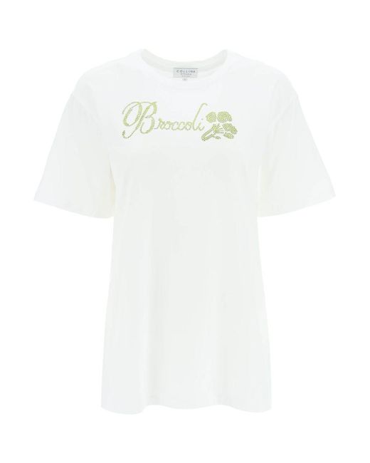 Collina Strada White Organic Cotton T-shirt With Rhinestones
