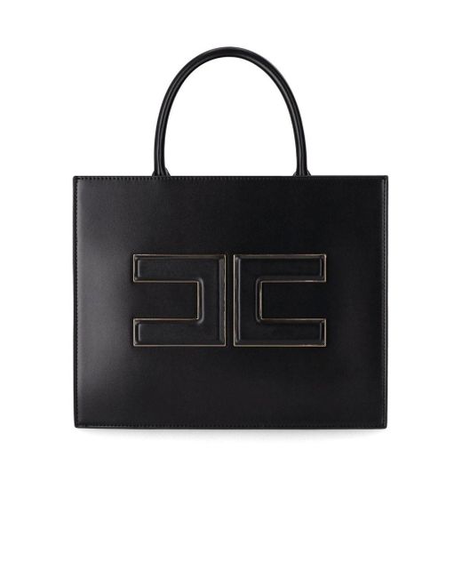 Elisabetta Franchi Black Medium Shopper With Logo Plaque