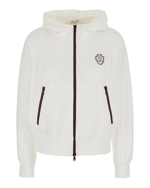 Brunello Cucinelli White Sweatshirt With Fixed Hood And Logo Patch On The Front
