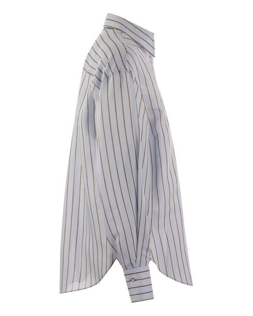 Brunello Cucinelli Gray Sparkling Stripe Cotton-Silk Poplin Shirt With Necklace