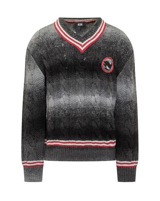 Gcds Gray Braided V-Neck Sweater for men