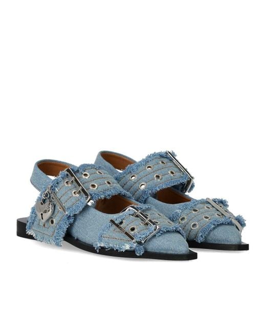 Ganni Blue Faded Denim Slingback Ballet Flat Shoe With Buckles