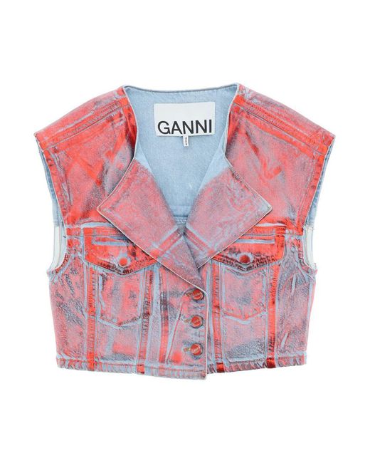 Ganni Pink Cropped Vest In Laminated Denim