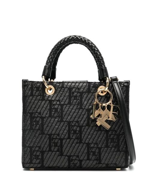 Elisabetta Franchi Black Jacquard Logo Cotton Blend Tote Bag