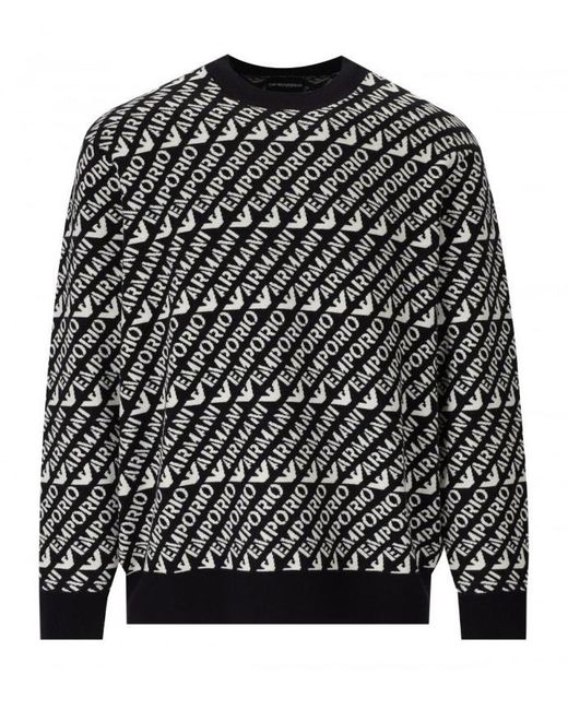 Emporio Armani Black And White Monogram Crewneck Sweater for men