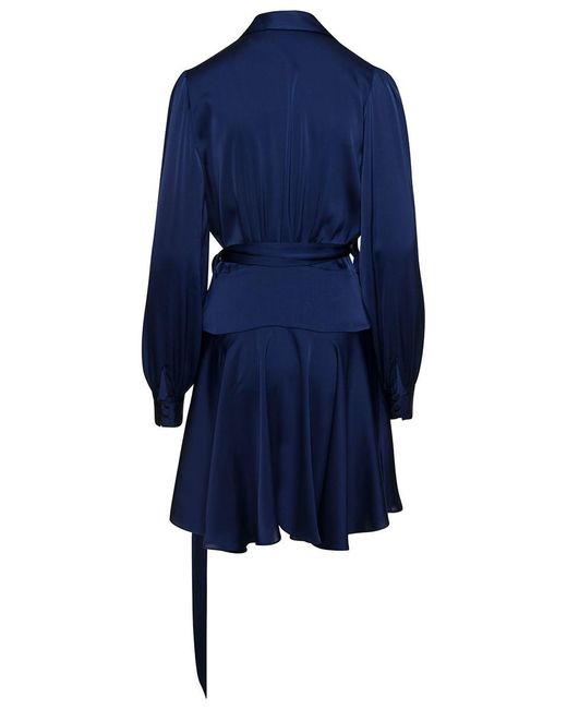 Plain Blue Mini Satin Wrap Dress With Long Sleeves