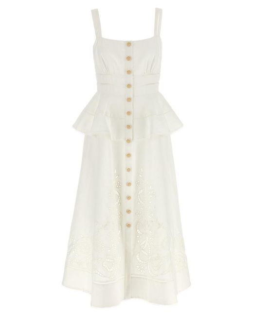 Self-Portrait White Cream Linen Peplum Midi Dresses