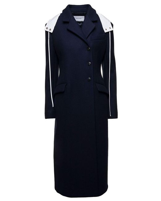 Ferragamo Long Blue Coat With Contrasting Detachable Hood In Wool Woman