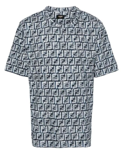 Fendi Blue Ff Print T-Shirt Frayed Effect for men