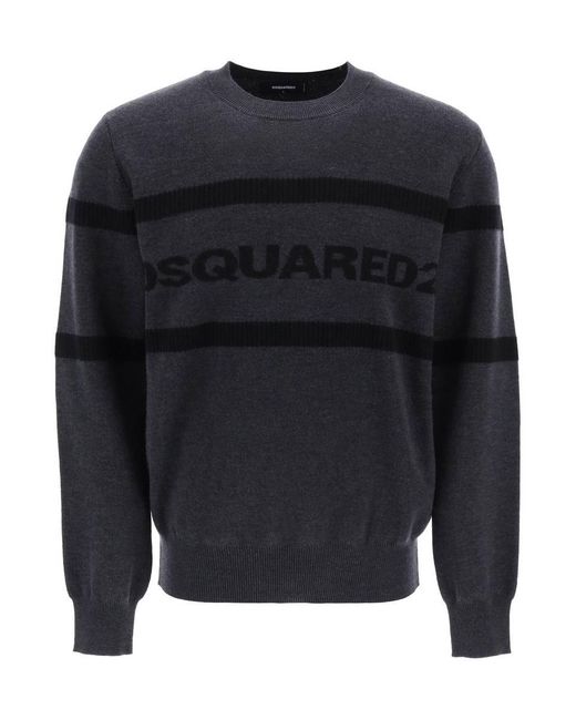 DSquared² Blue Jacquard Logo Lettering Sweater for men