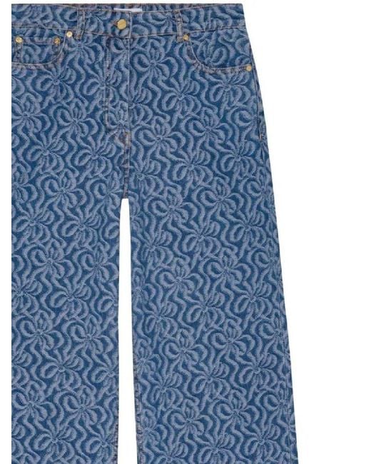 Ganni Blue Floral-print Wide-leg Jeans