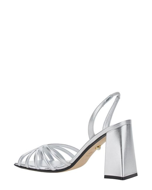 ALEVI White 'Tara' Metallic Sandals With Elastic Ankle Strap And Block Heel