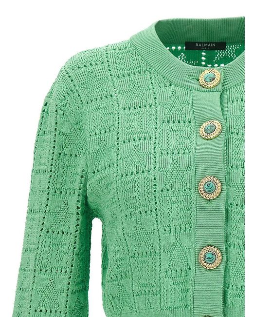 Balmain Green Rib-knit Monogram Cardigan
