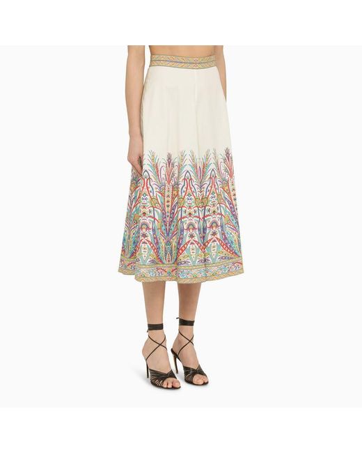 Etro Natural Multicoloured Cotton Midi Skirt
