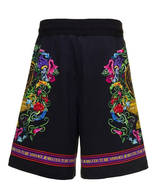 Versace Blue Black Shorts With Floreal And Logo Lettering Print In Cotton for men