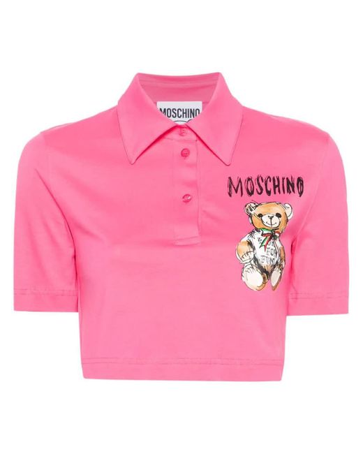 Moschino Pink Teddy Bear-print Cropped Polo Shirt