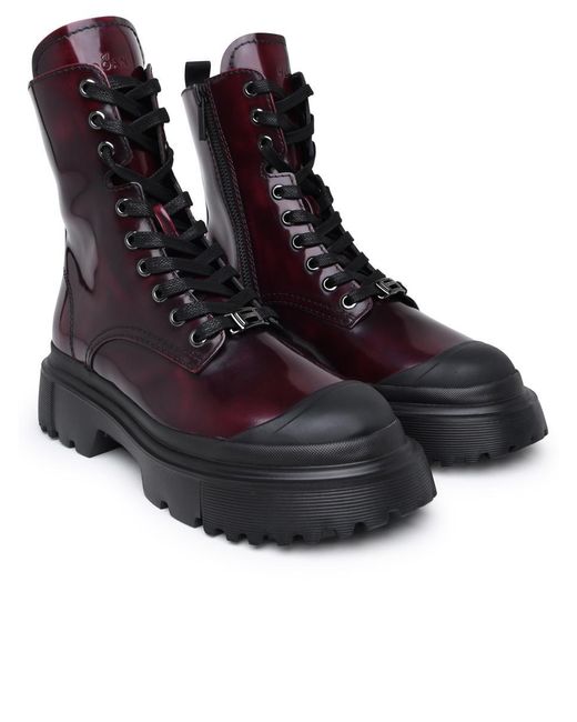 Hogan Purple H619 Burgundy Leather Combat Boots