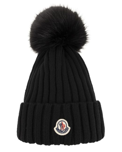 Moncler Black Wool Cap With Pom-Pom