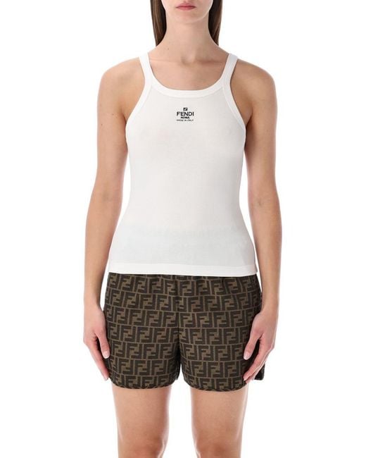 Fendi White Cotton Rib Sleeveless Top