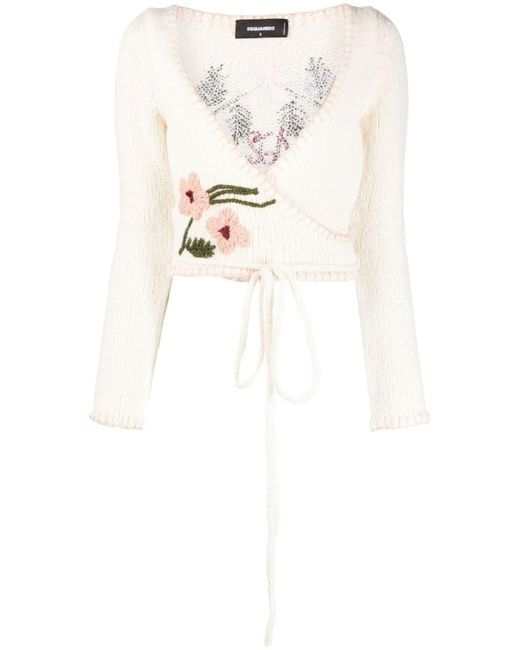 DSquared² White Floral-embroidery Wrap Cropped Cardigan