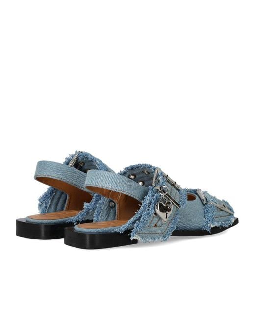 Ganni Blue Faded Denim Slingback Ballet Flat Shoe With Buckles