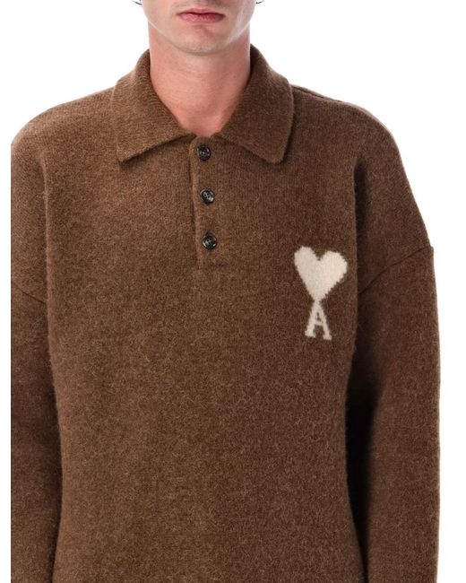 AMI Brown Wool Polo Sweater With De Coeur Logo for men