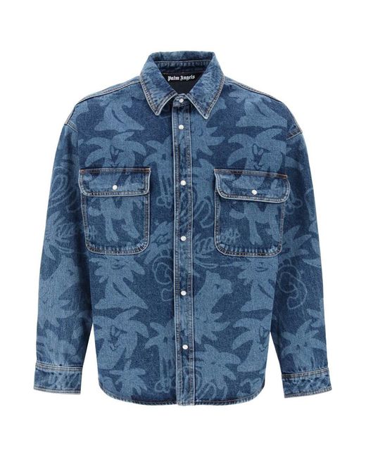 Palm Angels Blue Palmity Overshirt In Denim With Laser Print All-over for men