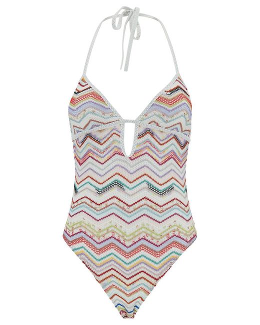 Missoni White One-Piece Swimsuit With Zigzag Motif And Cut-Out In