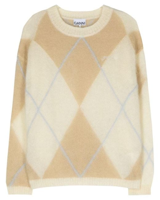 Ganni Natural Mohair Sweater With Diamond Pattern