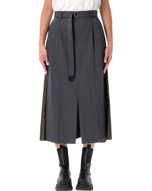 Sacai Gray Wool And Twill Midi Skirt