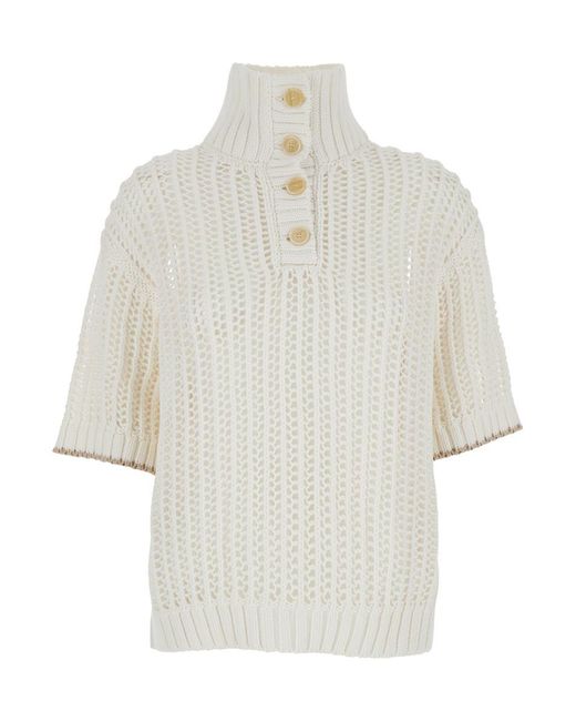 Brunello Cucinelli White High Neck Sweater With Perforated Design