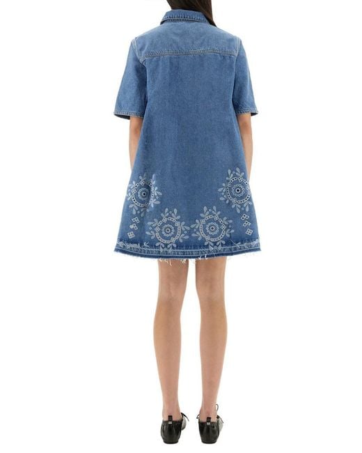 Ganni Blue Mini Dress With Sangallo Embroidery
