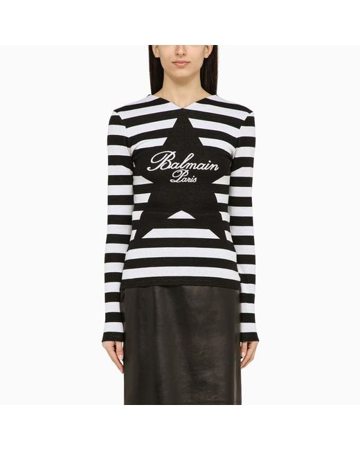 Balmain Black And White Striped Shirt With Cotton Logo