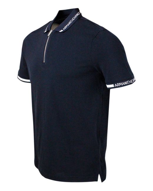 Armani Exchange Blue Hort-Sleeved Pique Cotton Polo Shirt With Zip Closure And Writing On The Collar for men