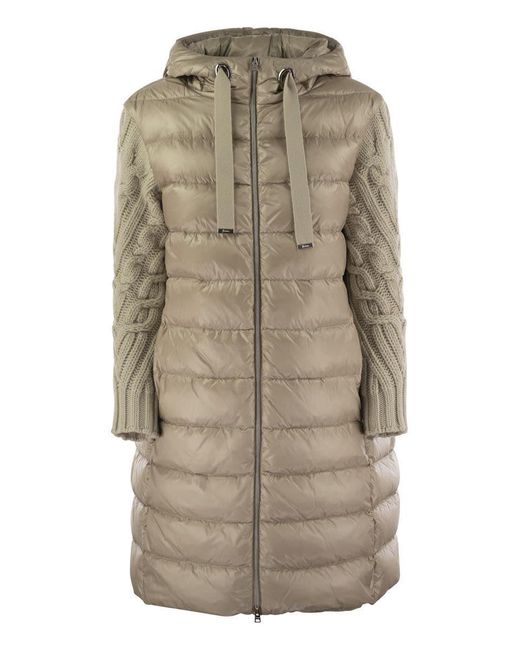 Herno Natural Long Down Jacket With Wool Sleeves