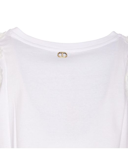 Twin Set White Cotton T-Shirt With Flower Appliqué