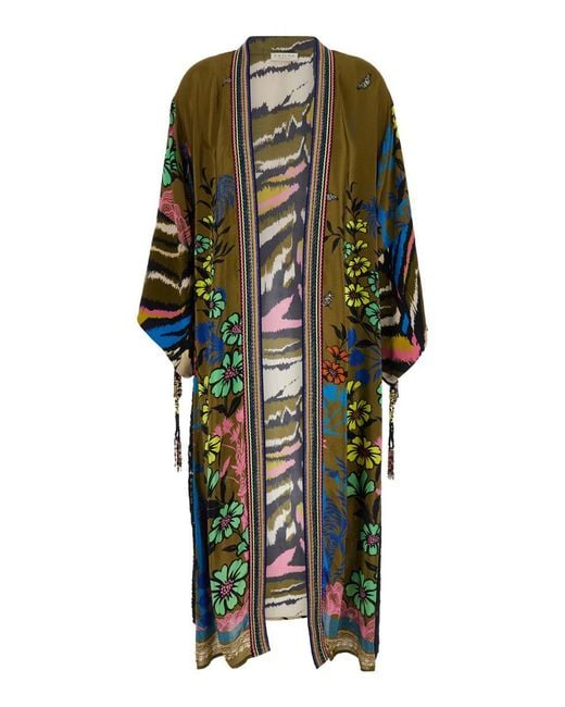 Anjuna Green Kimono With Floral Print In Viscose Woman