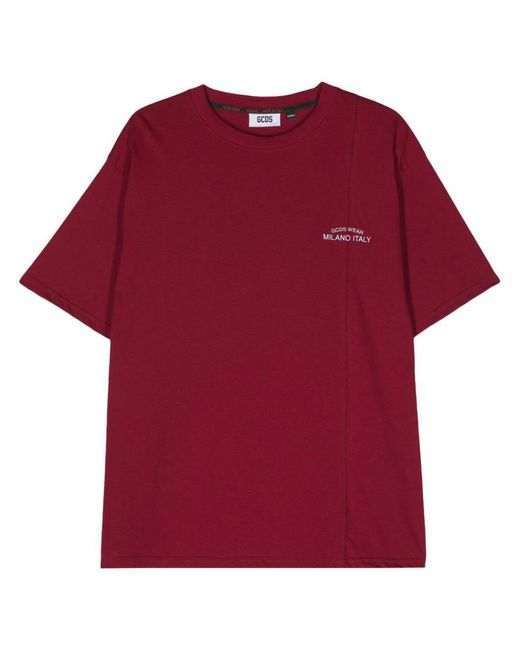 Gcds Cotton T-shirt With Embroidered Logo Burgundy Red Lightweight Cotton Jersey Stitching With Embroidered Logo On The Front for men