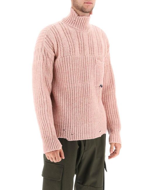 Marni Pink Funnel-neck Sweater In Destroyed-effect Wool for men