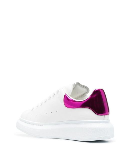 Alexander McQueen White Sneakers With Platform And Metallic Fuchsia Heel Tab In Leather