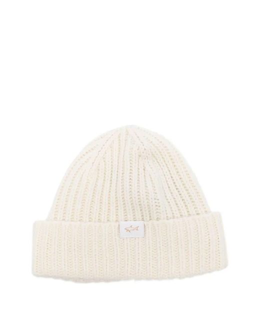 Paul & Shark White Ribbed Wool Blend Beanie Accessories for men