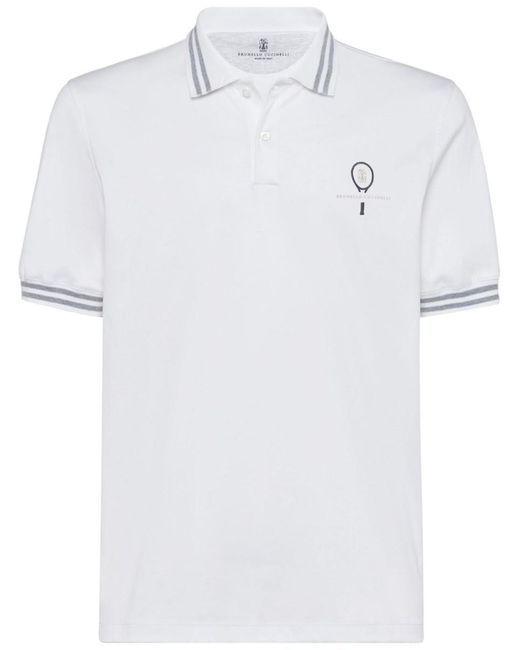 Brunello Cucinelli White Cotton Polo With Tennis Logo for men